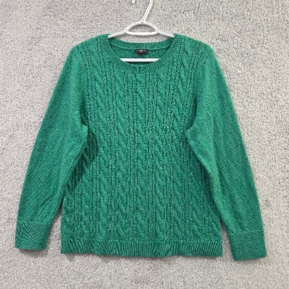 Talbots Cable Knit Sweater Womens XLP Green Petite Crew Neck Button Cuff Flecked